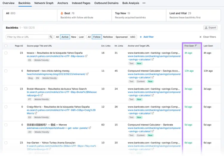 Backlinks report table highlighting “First Seen” column showing recently discovered backlinks