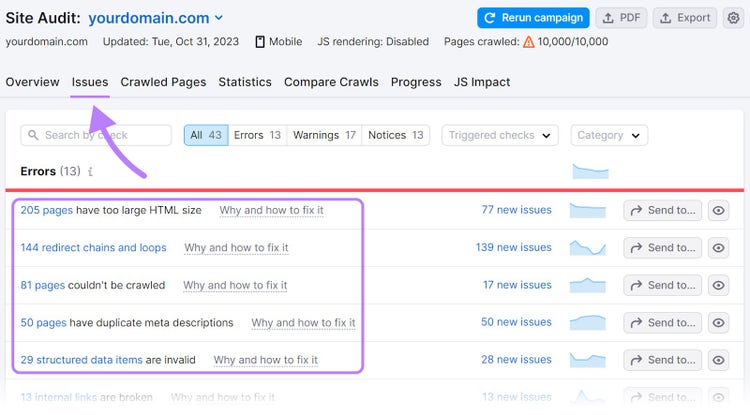 A list of "Errors" under "Issues" tab in Site Audit tool