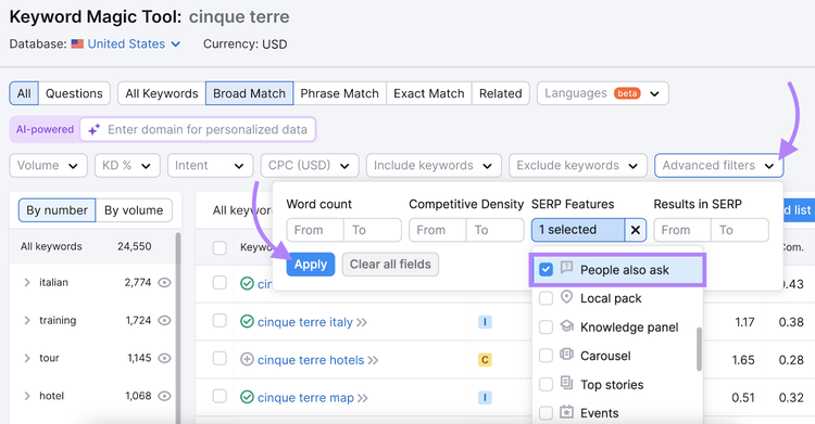 Click Advanced filters, choose the SERP features drop-down, select People Also Ask, then apply the filter