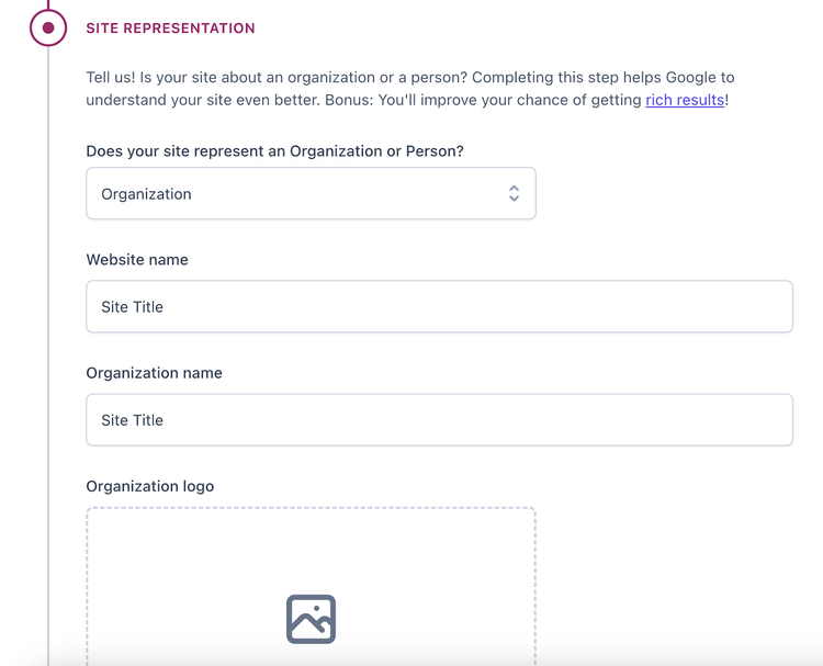 Site representation asks for website name, organization name, and logo