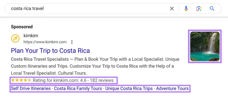 Ad assets highlighted for Sponsored result for 'cost rica travel' search