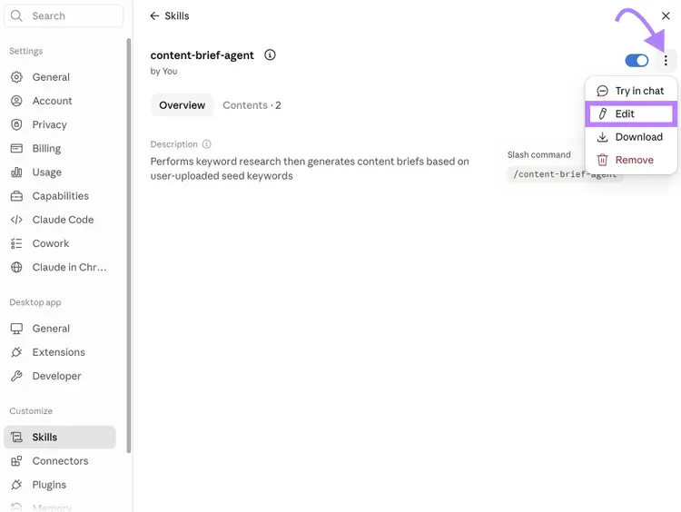 Claude content-brief-agent skill page with the menu open and Edit option highlighted