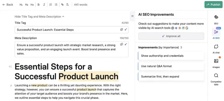 Content Toolkit dashboard showing content generated on the left and AI SEO improvement suggestions on the right.
