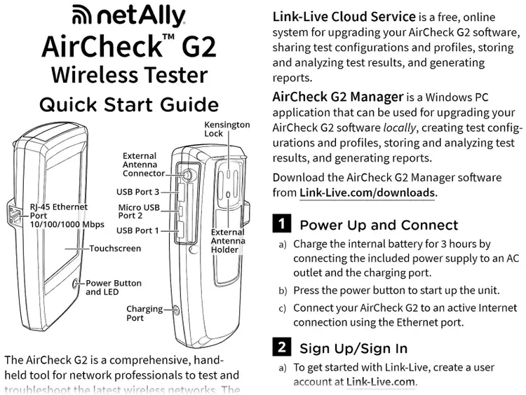 NetAlly’s "AirCheck G2 Wireless Tester Quick Start Guide" page