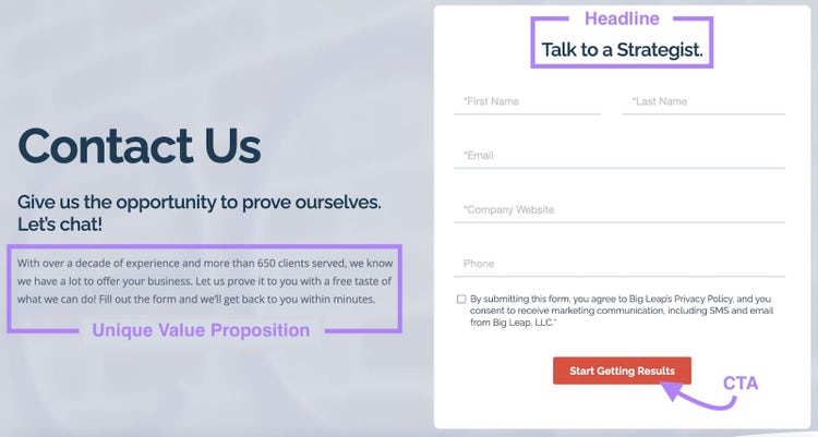 a contact page from Big Leap, with unique value proposition (UVP), form headline and CTA elements marked