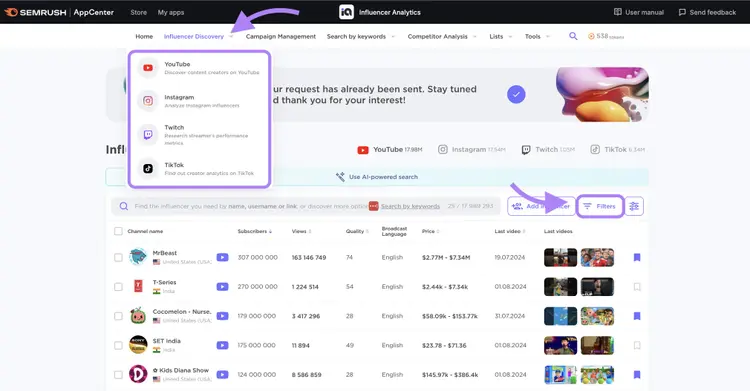 Influencer Analytics showing platform selection menu for YouTube, Instagram, Twitch, TikTok