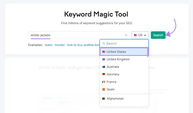 Keyword Magic Tool with the location selector unfurled