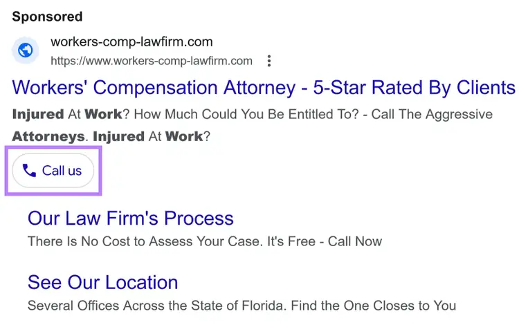 An ad on Google SERP with a "Call us" button link displayed