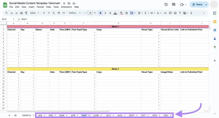 Blank social media content template with different sheets for each month with columns for date, content, and links.