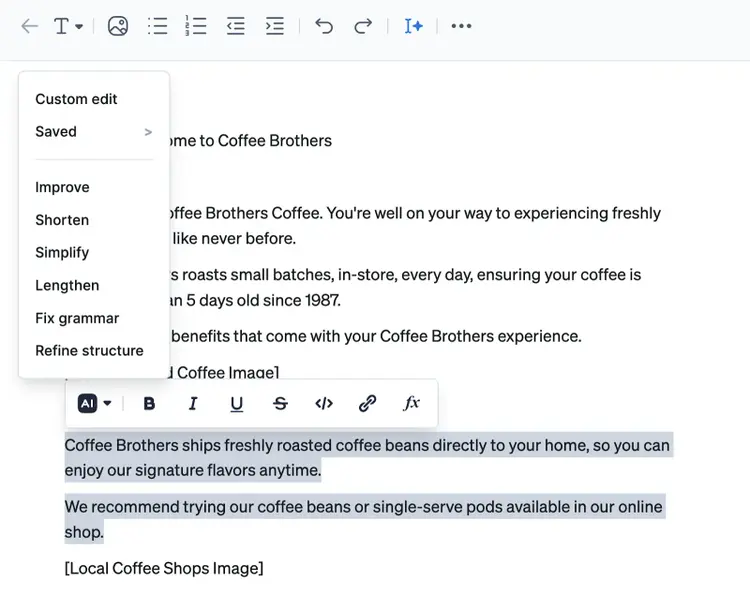 Copy is highlighted with AI options listed in a toolbar.