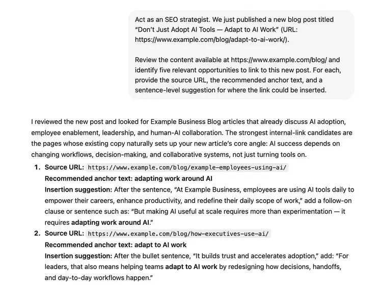 ChatGPT generating a list of internal pages to add links to a newly published blog post.