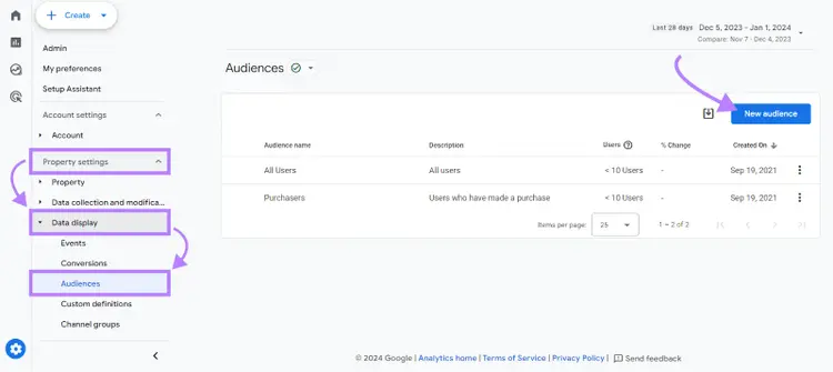 Create new audiences in Google Analytics 4