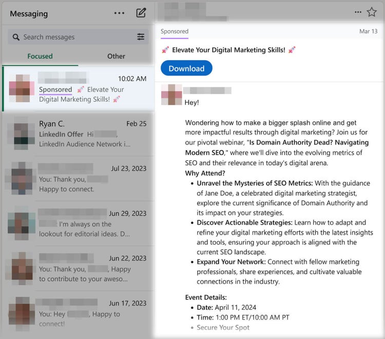 A LinkedIn message ad titled "Elevate Your Digital Marketing Skills"