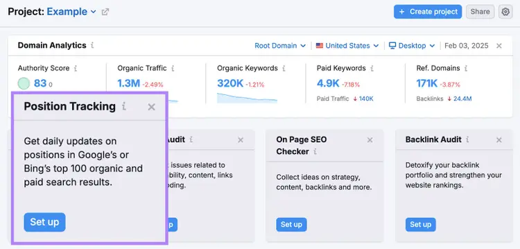 Project Example dashboard: Position Tracking card, 83.3 Authority Score, 1.31M organic traffic