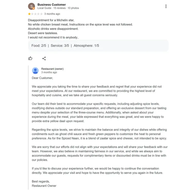 One-star restaurant review with owner’s detailed public response explaining guest experience and menu policies