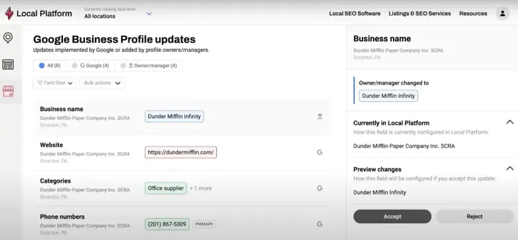 "Google Business Profile updates" window on Whitespark showing all the updates that have been made to a listing.
