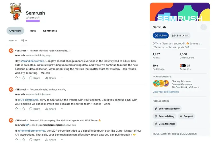 Reddit profile of the brand Semrush operating under the username "u/semrush".
