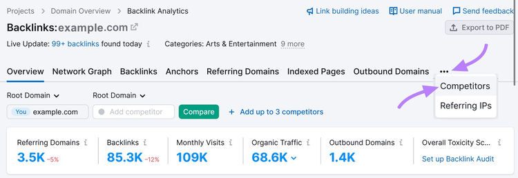 click on “Competitors” in the upper right corner in Backlinks tool