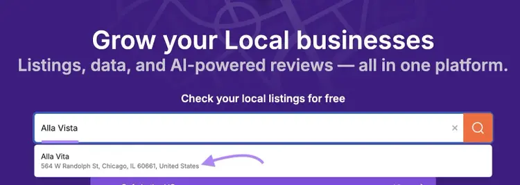 Listing Management tool start with a business name entered in the search bar and selected from the drop-down below.