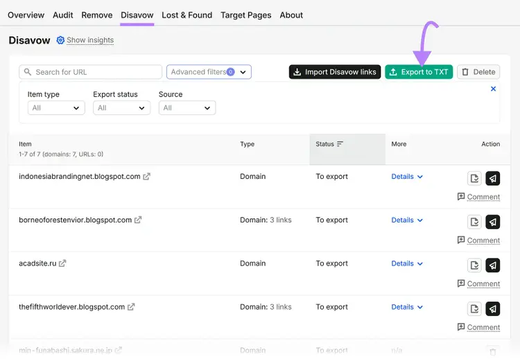 Disavow report listing domains marked for disavowal with the Export to TXT button highlighted