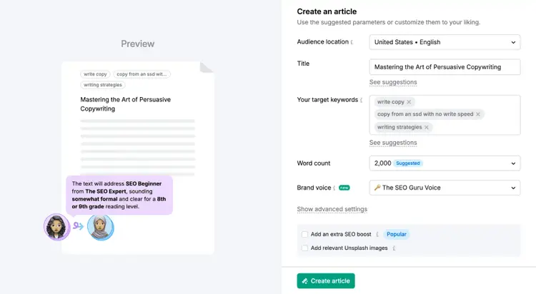 ContentShake AI article setup page with "Brand voice" set to "The SEO Guru Voice"