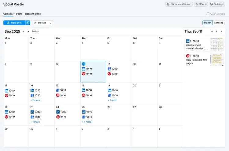 Semrush Social Poster calendar view showing scheduled Google Business, LinkedIn, and Pinterest posts.