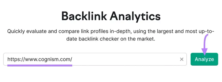 Backlinks tool start with a domain entered and "Analyze" clicked.
