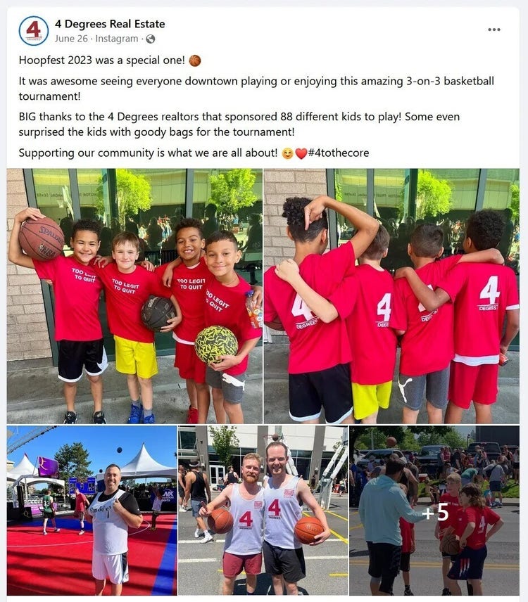 A Facebook post from "4 Degrees Real Estate" with realtors participating in a local charity event