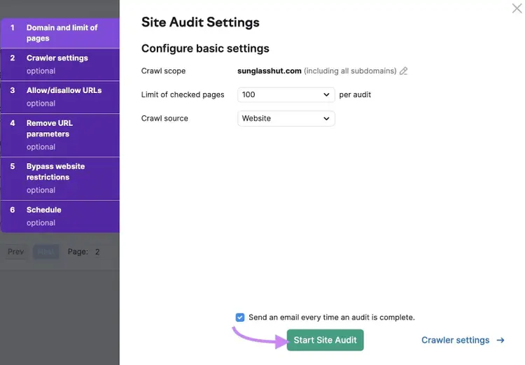“Site Audit Settings” window