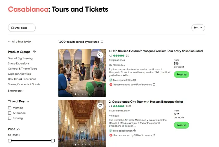 TripAdvisor page listing Casablanca sightseeing tours with Hassan II mosque premium options