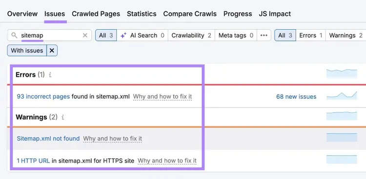 Site Audit Issues showing a list of sitemap errors and warnings along with tips on how to fix them.