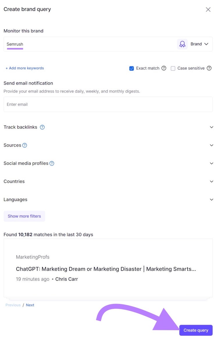 Screenshot: Brand Monitoring create query dialog with Semrush brand entry and email notification setup