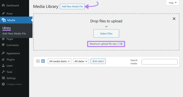 WordPress admin dashboard with Media Library page open, Add New Media File button clicked, and Maximum upload file size limit highlighted.