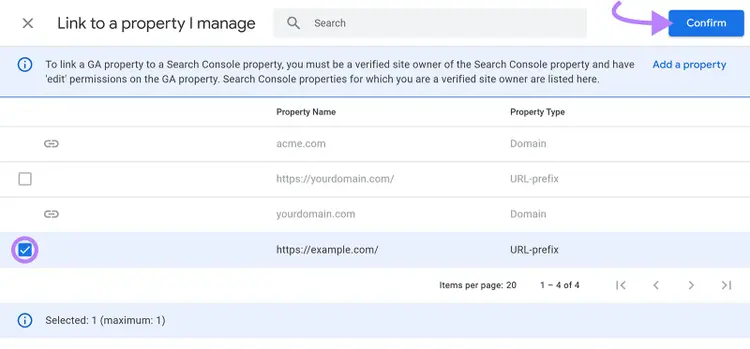 Property selection screen with website checked and arrow pointing to Confirm