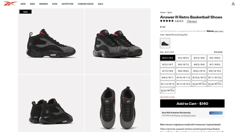 Reebok Answer III basketball shoe product page displaying 56k unique visitors