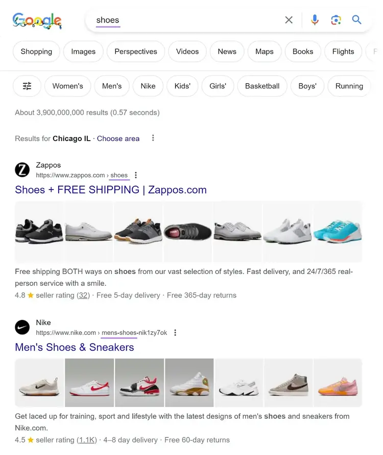 Google's SERP for "shoes" with category pages highlighted in the results