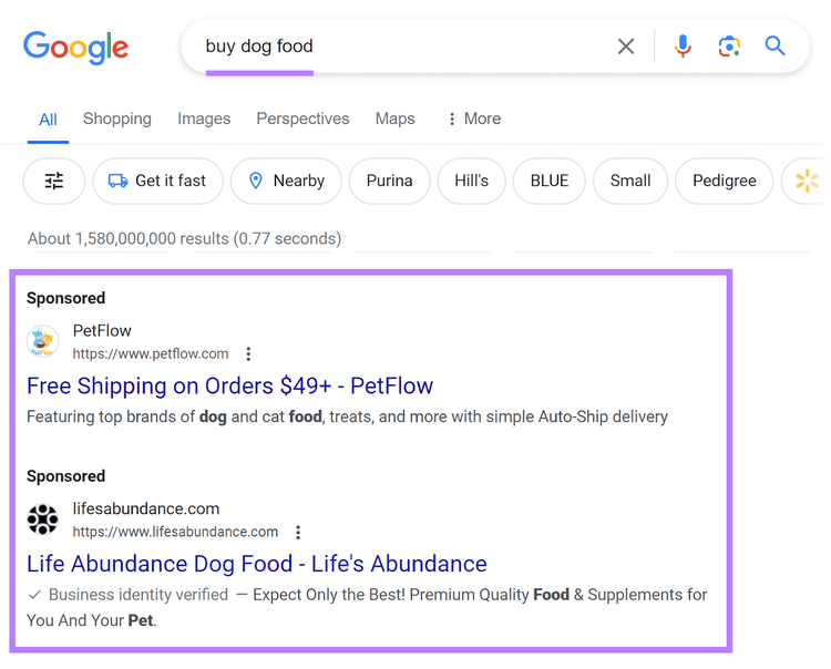 Search ads appearing on Google for "buy dog food" query