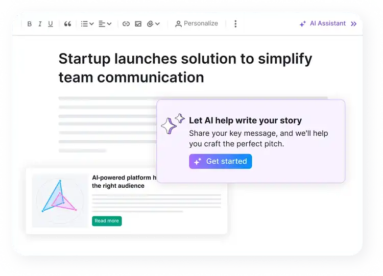 The AI PR Toolkit UI showing a press release title and the AI Assistant offering to help write the content