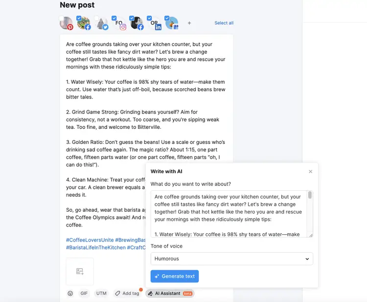Semrush Social Poster creating new post about coffee with AI Assistant dialog and Generate text button