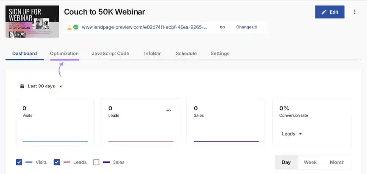 Dashboard for a page on the Landing Page Builder with the "Optimization" tab highlighted.
