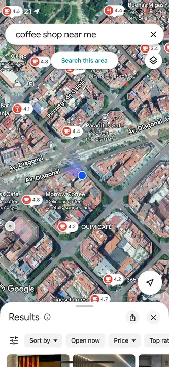 Google Maps results for a “coffee shop near me.”