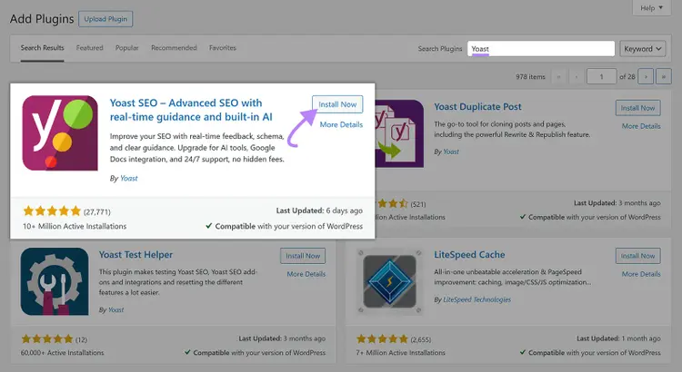WordPress add plugin page with an arrow pointing to the “Install Now” button on the Yoast SEO plugin card.