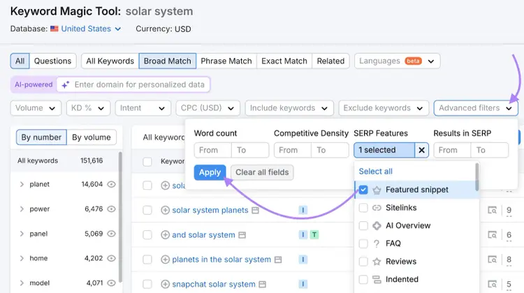 filter for keywords that prompt a featured snippet