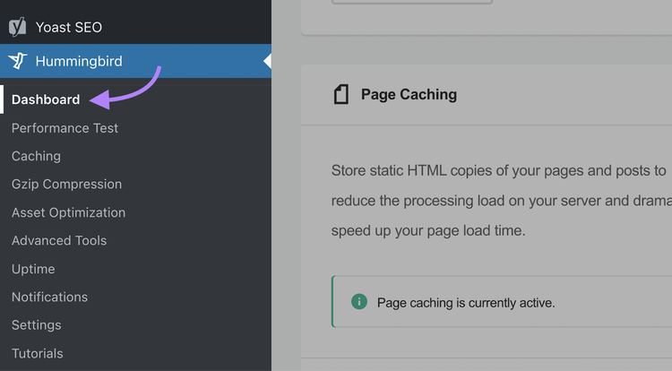 “Hummingbird” highlighted on the WordPress dashboard menu.