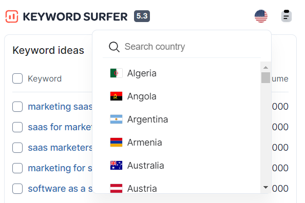Keyword Surfer country selector showing 100+ countries from Algeria to Austria