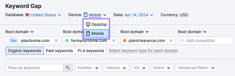 choose mobile from device dropdown