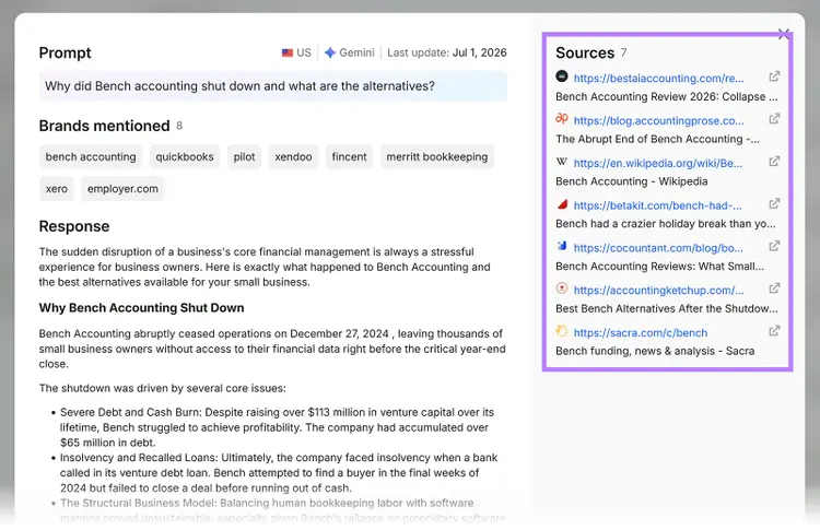 Gemini response about Bench Accounting’s shutdown and alternatives, with seven cited sources listed