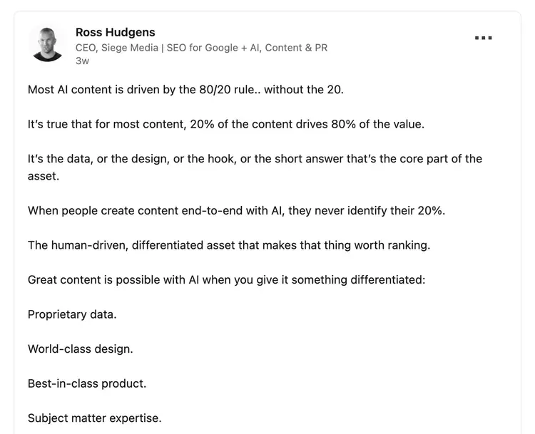 X post from Ross Hudgens discussing the 80/20 rule and how AI content can maximize value