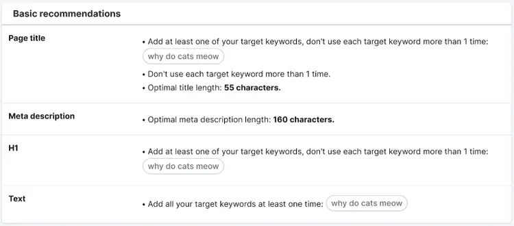 Basic recommendations on SEO Content Template like what to include in the page title, meta description, H1, and text.