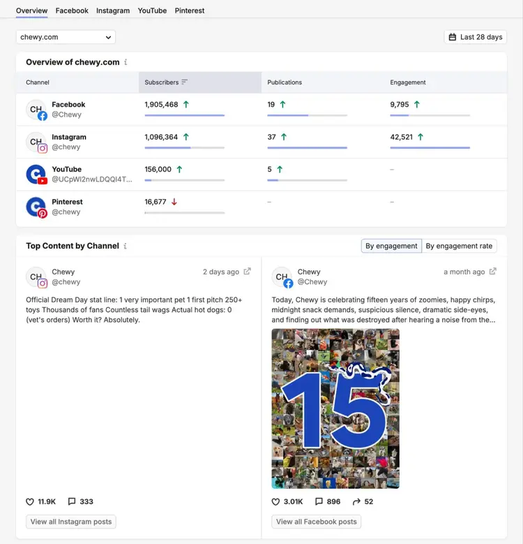 Social Tracker report showing an overview of social media performance by channel along with top content.